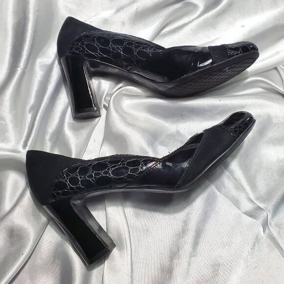 FRANCO SARTO black suede patent croc thick high heel classy pumps SZ 8 - Picture 4 of 5